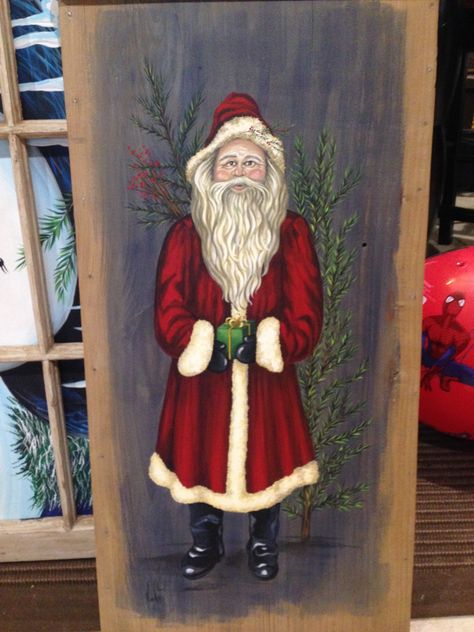 Painted Santas, Porch Sitters, Paint Santa, Santa Claus Painting, Santa Pics, Santa Board, Barn Wood Art, Wood People, Folk Art Santa