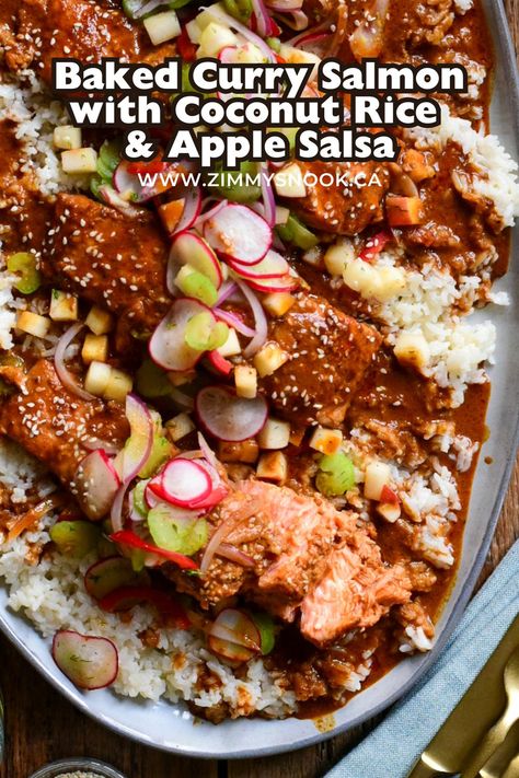 Baked Curry Salmon with Coconut Rice Apple Salsa, Creole Sauce, Coconut Curry Sauce, Salmon Tacos, Spicy Salmon, Salmon And Rice, Rice Ingredients, Coconut Rice, Canned Coconut Milk