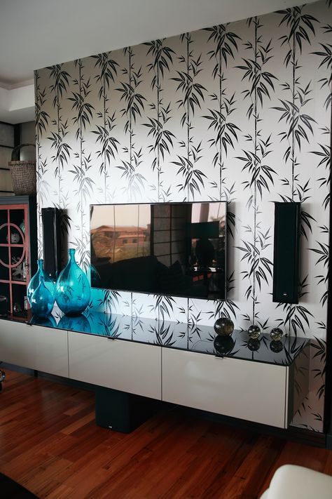 TV room create a backdrop behind the TV unit. #wallsdirect Tv Units With Wallpaper, Wallpaper Tv Unit Tv Walls, Tv Unit Wall Texture Paint, Tv Unit Design With Wallpaper, Tv Unit Wall Painting Ideas, Tv Unit With Wallpaper, Tv Unit Wallpaper, Wallpaper Behind Tv, Decorating Tv Wall Living Room