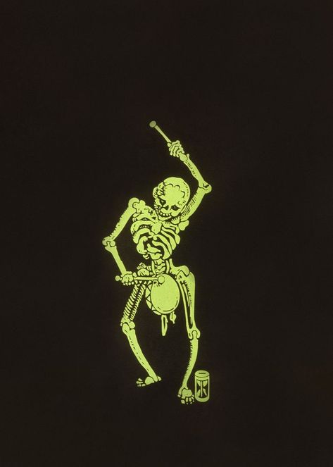 Green skeleton playing drum illustration.  Remixed by rawpixel. | premium image by rawpixel.com / chatporn Drum Illustration, Green Skeleton, Dancing Skeleton, Skeleton Halloween, Trendy Prints, Trendy Wall Art, Halloween Skeletons, Posters And Prints, Art Music