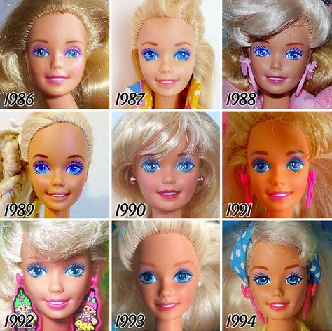 Since the release of the iconic Barbie doll in 1959, however, it has changed quite a bit, changing along with the ideals that society set for women. Tumblr user Tenaflyviper collected headshots of barbies from every year since 1959 and combined them in collages so we can watch them evolve. Look 80s, Barbie 80s, Barbie 90s, Embrace Natural Beauty, Barbie Mattel, Reaction Images, Im A Barbie Girl, Barbie Style, Malibu Barbie