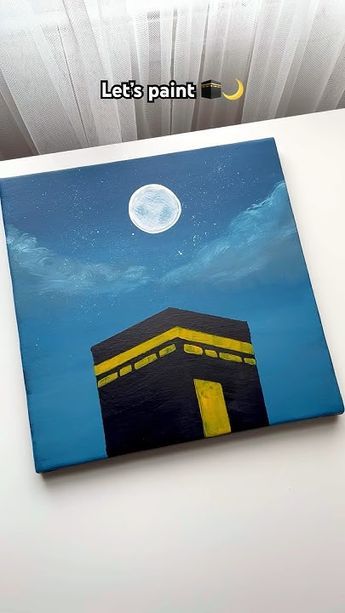 Makkah Painting Easy, Kaaba Painting Canvas, Islamic Painting Ideas, Makkah Painting, Super Easy Paintings, Kaaba Painting, Dark Blue Painting, Beginners Art, Easy Painting Ideas On Canvas