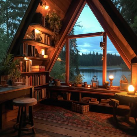 A Frame Reading Nook, Black A Frame Interior, A Frame House Storage Ideas, A Frame Built Ins, A Frame House Aesthetic, A Frame Cabin Aesthetic, A Frame Library Room, Cozy A Frame Cabin, Cabin Library Aesthetic