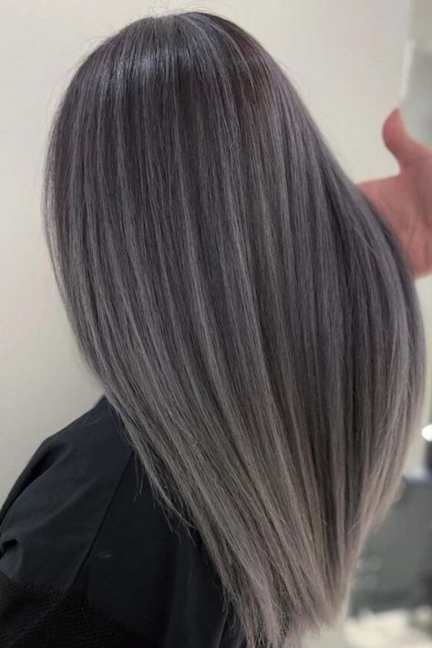 25 Drool-Worthy Silver Hairstyles Medium Grey Hair, Pelo Color Ceniza, Dark Grey Hair Color, Dark Silver Hair, Silver Hair Color Ideas, Black And Silver Hair, Silver Hairstyles, Purple Grey Hair, Grey Brown Hair