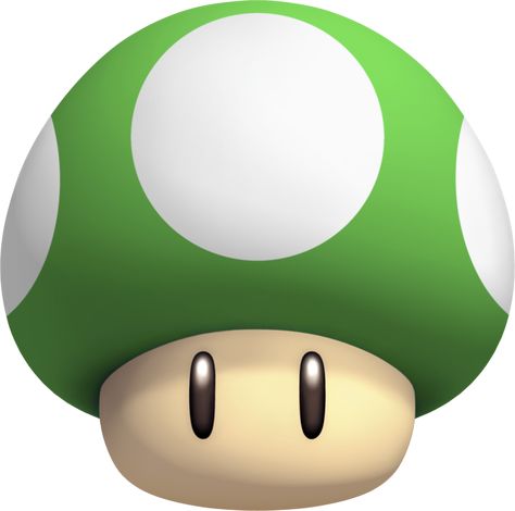 The 1-Up Mushroom is one of the many trademark Mario items. Ever since its first appearance in Super Mario Bros., its been in practically every major Mario game ever made. The 1-Up Mushroom is far by the most famous and recognizable 1-Up symbol in all the gaming universe. 1-Up Mushrooms come in many shapes and sizes, but the most common form of it is basically just a thick looking mushroom with a light-tannish stub with eyes and a green top with multiple white dots. It is also known though...... Mario Bros Png, Super Mario Bros Party Ideas, Mario Y Luigi, Super Mario Bros Birthday Party, Super Mario Bros Party, Green Mushroom, Diddy Kong, Mario Bros Birthday, Mario Bros Party