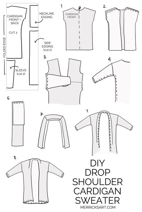 DIY DROP SHOULDER CARDIGAN | Merrick's Art | Merrick's Art How To Make A Cardigan From A Sweater, Sew Cardigan Pattern Free, Sewing Cardigan Pattern, Diy Cardigan From Sweater, How To Sew A Cardigan, Sweater To Cardigan Diy, Free Cardigan Sewing Pattern, Long Sleeve Pattern Sewing, Diy Cardigan From Fabric