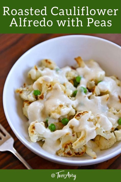 Roasted Cauliflower Alfredo with Peas - Lowfat Greek Yogurt Alfredo Sauce is a healthy delicious way to celebrate a gluten free Valentine's day! A low fat Alfredo for an amazing dinner. #glutenfreealfredo #roastedcauliflower #lowfatalfredo #alfredo Yogurt Alfredo Sauce, Alfredo With Peas, Greek Yogurt Alfredo Sauce, Cauliflower Alfredo Sauce, Cauliflower Alfredo, Gluten Free Lasagna, Roasted Cauliflower Recipes, Alfredo Sauce, Roasted Cauliflower