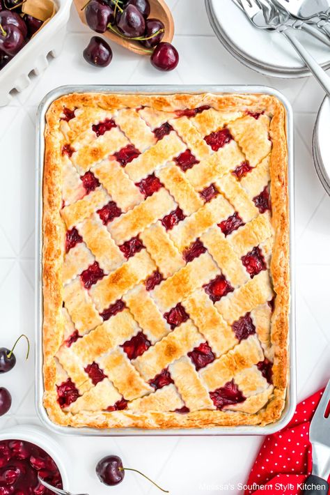 Cherry Pie Sheet Cake, Cherry Pie Sheet Pan, Cherry Sheet Pan Pie, Cherry Pie Easy, Sheet Pan Dessert Recipes, Cherry Slab Pie Recipe, Easy Cherry Pie Recipe, Sheet Pan Pie, Apple Cherry Pie