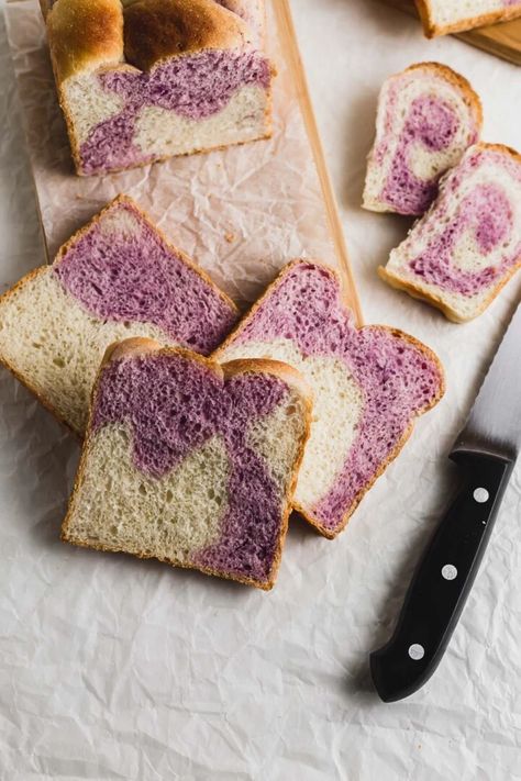 Ube Marble Bread | Sift & Simmer Ube Bread, Shokupan Recipe, Marble Bread, Sweet Potato Buns, Sweet Potato Powder, Asian Side Dishes, Purple Yam, Swirled Bread, Milk Bread