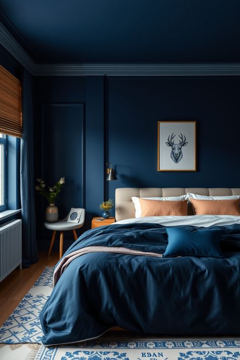 15 Ideas and Inspiration for Navy Blue Bedrooms – bedroomideas.fun Deep Navy Bedroom, Blue On Blue Bedroom, Calming Primary Bedroom Ideas, Navy Blue Themed Bedroom, Navy Painted Bedroom, Brown And Navy Bedroom, Blue Bedding Bedroom Ideas, Dark Navy Blue Bedroom, Dark Blue Moody Bedroom