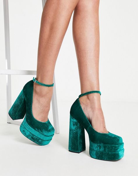 Shoes by ASOS DESIGN Dress from the feet up Adjustable ankle strap Round toe Platform sole High block heel Jewel Tone Shoes, Teal Platform Heels, Platform Heels With Socks, Green Velvet Shoes, Cocktail Shoes, Velvet Trend, Teal Heels, Platform Shoes Heels, Teal Velvet