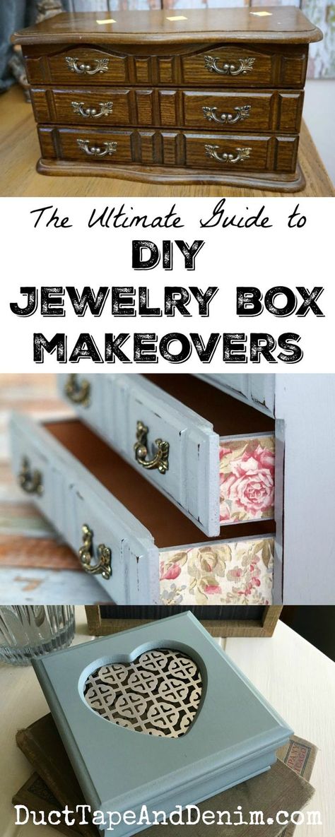 Ultimate guide to DIY jewelry box makeovers. Where to find them, how to paint, decoupage, and add other embellishments to update your thrift store finds. | DuctTapeAndDenim.com Make Your Own Jewelry Box, Decorative Boxes Diy, Upcycled Jewelry Box Diy, Painted Jewelry Boxes Diy, Jewelry Box Painting Ideas, Jewerly Box Diy, Diy Jewelry Box, Decoupage Jewelry Box, Crafty Jewelry