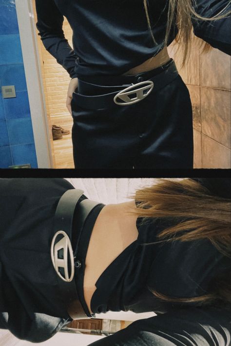 Chunky Belts Women, Big Belt Buckle Outfit, Big Belts Outfit Women, Buckle Outfits Women, Diesel Belt Outfit, Big Belt Outfit, Diesel Aesthetic, Grudge Outfits, Fits Check