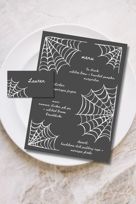 Customizable Spooky Spider Halloween Menu BUNDLE with 4 placecard layout options. These printable templates are perfect for spooky halloween dinner party, or even a costume party! Invite all your besties for a night of scary movies, creepy costumes and all the candy they can eat! #aesthetichalloween #halloweenmenu #halloweendinnerparty #dinnerparty #spookydinnerparty #menutemplate #heykellystudio #printablemenu Halloween Dinner Invitations, Halloween Menu Design, Halloween Menu Ideas, Halloween Invitation Ideas, Dinner Party Menu Template, Spooky Dinner Party, Halloween Dinner Party Menu, Spooky Halloween Dinner, Gothic Dinner