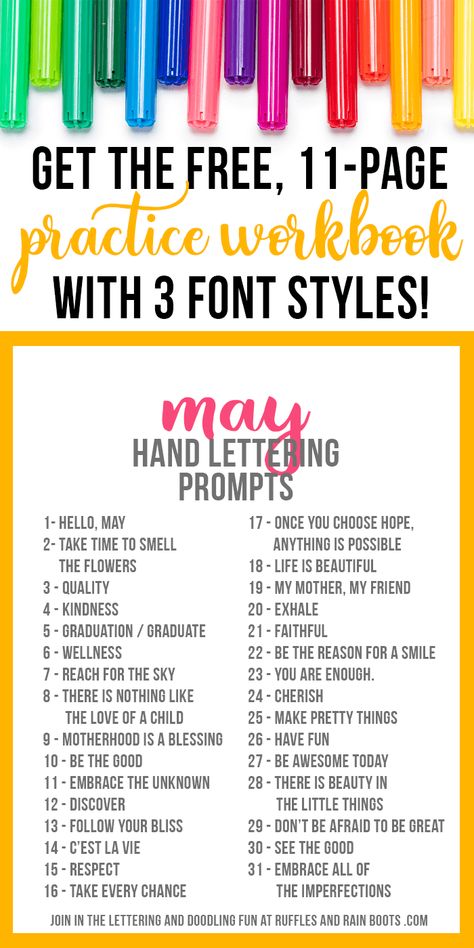 Grab these Hand Lettering Prompts for May, featuring 3 font and type styles and a free, 11-page practice workbook! These prompts are also great for bullet journals and doodling. #may #mothersday #brushlettering #calligraphy #practicesheets #freeletteringpractice #handlettering #fonts #handmade #diycrafts #diylettering Lettering Prompts, Lettering Practice Sheets, Hand Lettering Practice Sheets, Hand Lettering For Beginners, Hand Lettering Worksheet, Hand Lettering Practice, Alfabet Letters, Lettering Challenge, Hand Lettering Inspiration