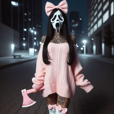 🪓 Pink Ghost Face Costume, Cute Spooky Makeup, Scream Female Costume, Dollskill Halloween Costumes, Womens Cosplay Ideas, Pink Ghostface Costume, Scream Women Costume, Ghost Face Outfit, Female Scream Costume