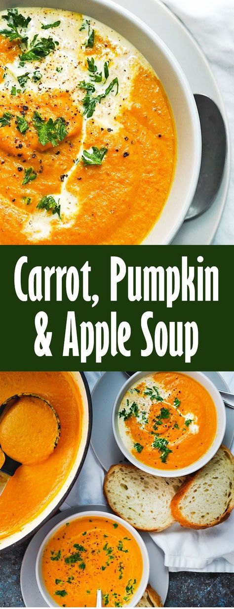 Soup Thanksgiving, Pumpkin Apple Soup, Orange Soup, Carrot Pumpkin, Pumpkin Recipes Dinner, Canned Pumpkin Recipes, Savory Pumpkin Recipes, Apple Soup, Fall Soups