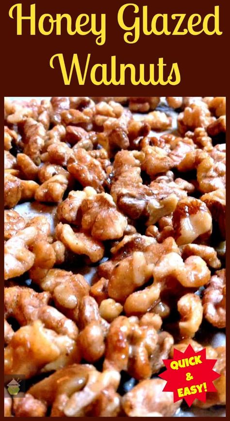 Honey Glazed Walnuts. A very simple and flexible recipe allowing you to choose your nuts and seasonings to suit! Only takes a few minutes to make too! Honey Glazed Walnuts, Glazed Walnuts, Diy Easy Recipes, Walnut Recipes, Roasted Walnuts, Honey Glazed, Nut Recipes, Roasted Nuts, Honey Glaze