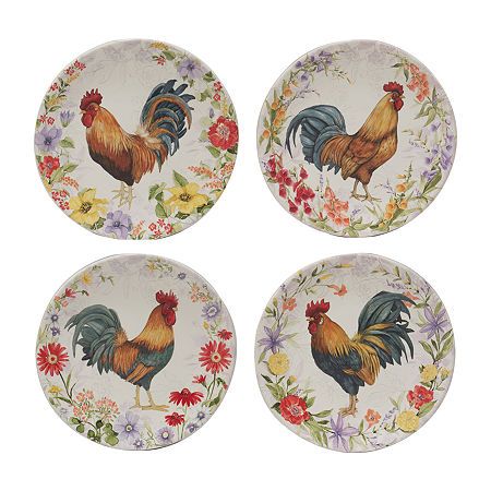 Colorful roosters surrounded by floral wreaths adorn this wonderful ceramic collection by certified international. Designed by the popular artist Susan Winget, who is well known for her beautiful rooster art. The dinnerware, serveware, and storage pieces feature mix and match roosters, which coordinate with the handpainted decorative 3-d rooster cookie jar to store your favorite treats!# Pieces In Set: 4Features: Microwave Safe, Dishwasher SafePlace Setting: Service for 4Shape: RoundMeasurements Beautiful Rooster, Ceramic Collection, Susan Winget, Rooster Art, Pasta Bowl Set, Dining Plates, Floral Wreaths, White Dinner Plates, Popular Artists