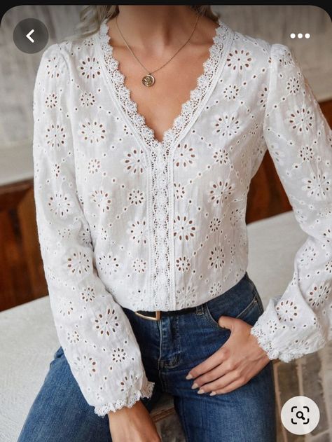 Lace Shirt Outfit, Women Chiffon Blouse, Lacy Tops, Stylish Short Dresses, Women Blouses Fashion, Fancy Tops, Eyelet Embroidery, Designer Kurtis, Fashion Tops Blouse