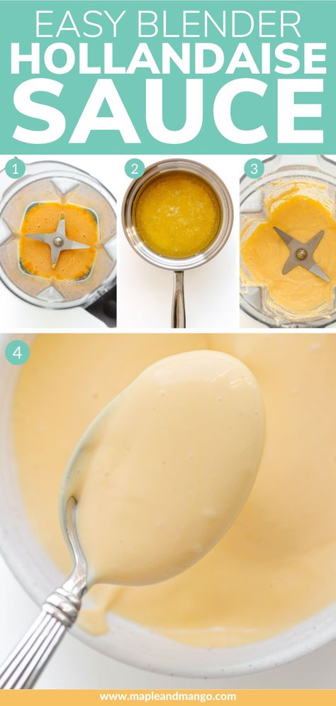 Learn how to make homemade hollandaise sauce in just 5 minutes with these two easy blender hollandaise sauce methods. It's perfect for drizzling over eggs Benedict, asparagus, salmon and so much more. This creamy, decadent sauce has a way of making everything it touches taste absolutely amazing! | www.mapleandmango.com Holindaise Sauce Recipe Blender, How To Make Hollandaise Sauce, Holindaise Sauce, Hollandaise Sauce Blender, Hollandaise Sauce Uses, Blender Hollandaise Sauce, Hollandaise Sauce Recipe, Hollandaise Recipe, Easy Hollandaise Sauce