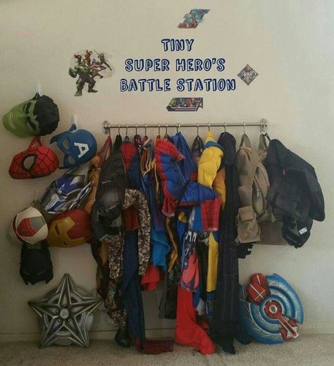 Super hero costume station Super Hero Costume Storage, Spiderman Themed Bedroom, Dress Up Clothes Storage, Play Bedroom, Super Hero Costume, Marvel Bedroom, Dress Up Stations, Dj Room, Superhero Bedroom