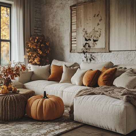 Farmhouse Fall Decor, Living Room, Pumpkin Theme, Comfy Couch, Cream colored room Farmhouse Fall Decor Living Room, Comfy Couch, Farmhouse Fall Decor, Pumpkin Theme, Farmhouse Fall, Decor Living Room, Natural Tones, Decor Living, Window Coverings