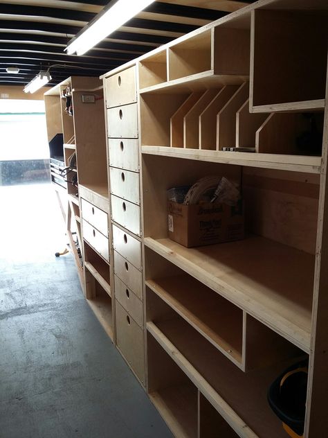 Work Trailer Organization Ideas, Work Van Organization Ideas, Contractor Trailer Organization, Contractor Van Organization, Plumbing Van Organization, Work Van Drawers, Enclosed Trailer Cabinets, Harbor Freight Small Parts Storage, 6x12 Cargo Trailer Shelves