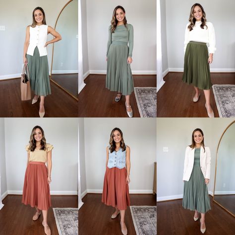 Twirl Skirt Outfit, Salmon Skirt, Petite Style Outfits, Sage Top, Pleated Skirt Outfit, Cream Blazer, Petite Style, Vest White, Skirt Outfit