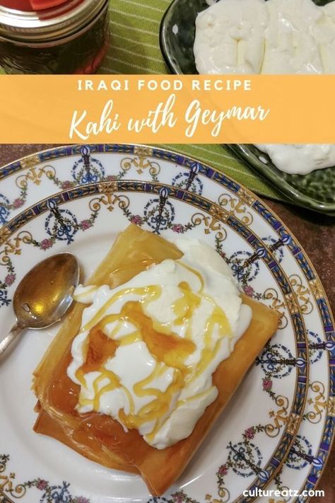 Kahi is the national Iraqi breakfast. I think this Iraqi food should become yours too! Who can resist a fluffy phyllo pastry topped with clotted cream and honey? if you have never tried an Iraqi recipe before, this is a great breakfast recipe to try. #eattheworld #iraqifood #iraqirecipe #breakfastrecipe #phyllopastry #clottedcream Iraqi Breakfast, Honeycomb Bread, Iraqi Cuisine, Yemeni Food, Phyllo Pastry, Sweet Cheese, Cheese Dinner, Iraqi Food, Eggplant Dishes