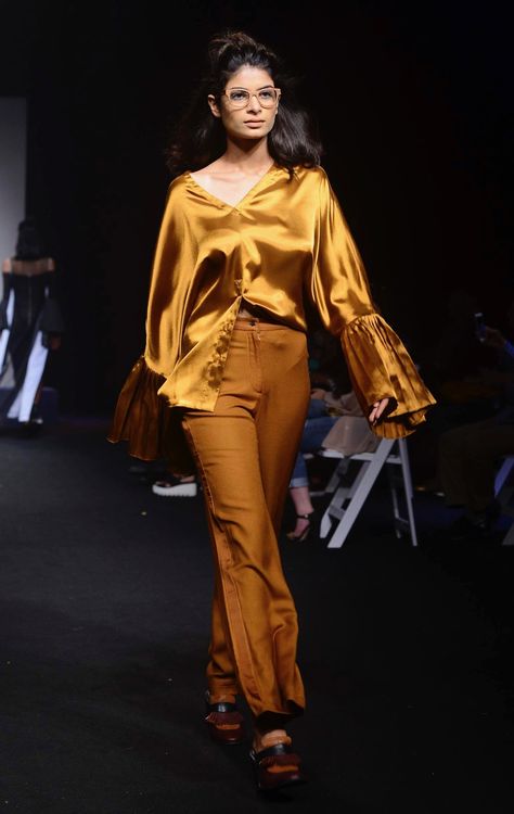 QUO by Ishita Mangal #lfw #5daysoffashion #ss17 #ppus #happyshopping #straightfromtherunway #comingsoon #fashionweek Ishita Mangal, Corporate Shirts, Orange Copper, Satin Blouses, Blouse Styles, Fashion Tops, Silk Satin, Happy Shopping, Fashion Week