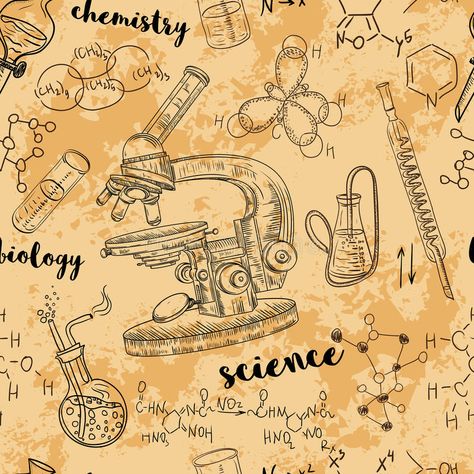 Vintage seamless pattern old chemistry laboratory with microscope, tubes and formulas. vector illustration Vintage Chemistry, Chemistry Laboratory, Sketch Style, Hand Drawn Illustration, Drawn Illustration, Biology, Seamless Pattern, Chemistry, Seamless Patterns