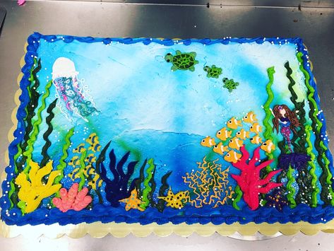 Ocean cake Ocean Sheet Cake Ideas, Under The Sea Birthday Sheet Cake, Ocean Theme Sheet Cake, Ocean Sheet Cake, Underwater Cake Ideas, Under The Sea Sheet Cake, Ocean Themed Cakes, Ocean Theme Birthday Cake, Ocean Cake Ideas