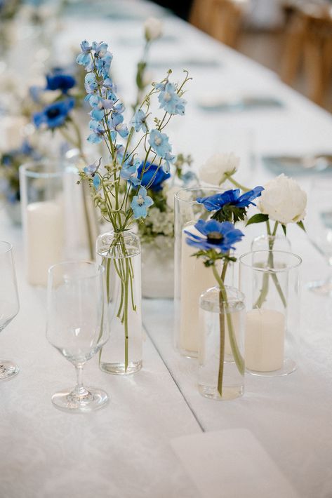 Dainty Blue Flowers, Blue And White Vase Centerpiece Wedding, Blue Flower Bud Vase, White And Blue Flower Arrangements Simple Centerpieces, Dusty Blue Bud Vases, Simple Blue Hydrangea Centerpiece, Blue Wedding Flowers Table, Blue Flower Table Decorations, Something Blue Wedding Flowers