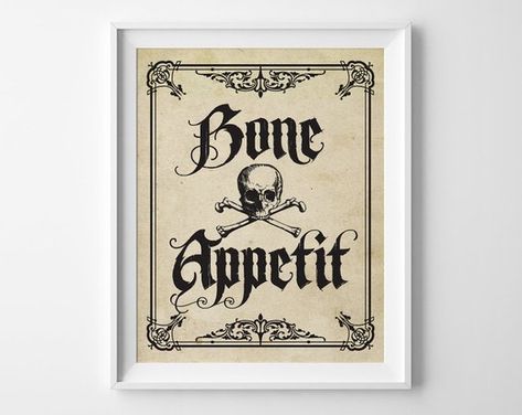 Bone Appetit Halloween Party Sign, Halloween Party Decor, Gothic Halloween Print, Skull and Cross Bo Halloween Buffet Table Decor, Halloween Party Signs, Halloween Fundraiser, Halloween Buffet Table, Bone Appetit, Appetizer Buffet, Halloween Buffet, Halloween Themed Birthday Party, Skull And Cross Bones