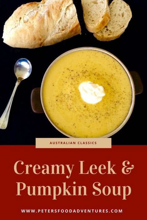 Tasty Pumpkin Soup - thick and creamy, with leek, potatoes, cumin and nutmeg. Classic comfort food served with a dollop of sour cream. Everyone loves this cold weather autumn favorite. Pumpkin And Leek Soup, Pumpkin Leek Soup, Cold Pumpkin Soup, Pumpkins Recipes, Airplane House, Bunco Ideas, Soup Cleanse, Creamy Pumpkin Soup, Favorite Soups