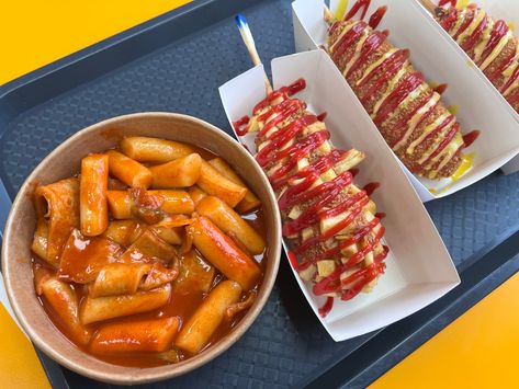 Delicious Korean food tteokbokki and Korean corn dog #kfood #korean #food K Food, Red Dog, Corn Dogs, Korean Food, Corn, Dogs