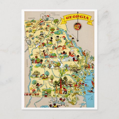 Georgia Vintage Map Postcard - Georgia Gift Georgia Postcard, Map Of Georgia, Cartoon Map, Blue Ridge Georgia, Georgia Map, Pictorial Maps, Small Drawings, Roadside Attractions, Postcard Size