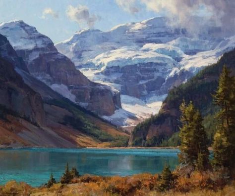 Artwork by Clyde Aspevig, Lake Louise Canadian Rockies, Made of Oil on board Clyde Aspevig Paintings, Lake Louise Painting, Clyde Aspevig, Master Studies, Lake Mcdonald, Glacier Park, Lake Louise, Canadian Rockies, Mountain Paintings