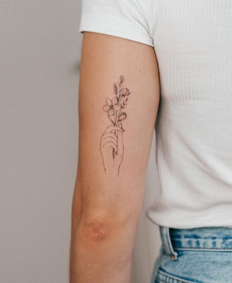 Bunami Ink Tattoo, Holding Hands Tattoo Mother Daughter, Fine Line Sunflower Tattoo, Tattoo Ideas Hand, Bunami Ink, Inner Arm Tattoos, Flower Tattoo Ideas, Flower Tattoo Meanings, Bouquet Tattoo