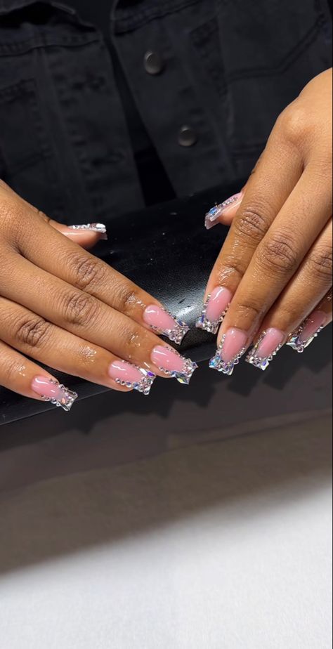 Gems French Tip, Acrylic Nails With Stones Rhinestones, Bedazzled French Tip Nails Short, Bedazzled Acrylic Nails, Bling French Tip, Rhinestone Nails French Tips, Gem French Tip Nails, Pink French Tip Nails Diamonds, Blinged Out French Tip Nails