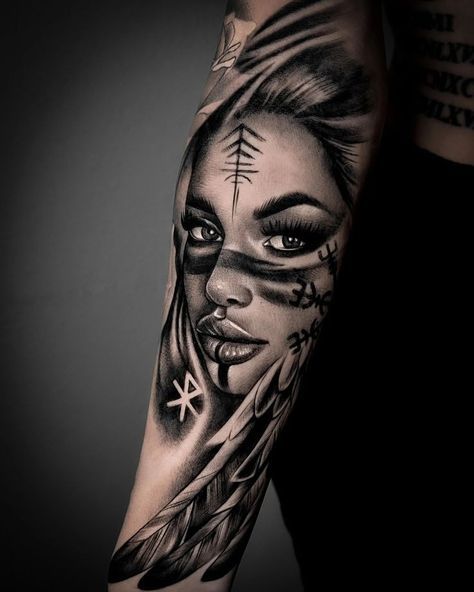 Indian Women Tattoo, Warrior Tattoo Sleeve, Viking Warrior Tattoos, Female Warrior Tattoo, Valkyrie Tattoo, Viking Tattoo Sleeve, Face Tattoos For Women, Native American Tattoos, Native Tattoos