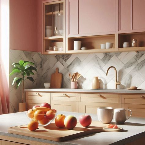 Pink Kitchen Pink Painted Kitchen Cabinets, Dusty Pink Kitchen Cabinets, Dusty Pink Kitchen, Vintage 1950s Aesthetic, Light Gray Countertops, Pink Kitchen Cabinets, Pink Pendant Light, Pink Kitchen Ideas, Pink Bar Stools