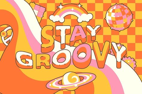 Vector groovy poster in 70s style with r... | Premium Vector #Freepik #vector Rainbow Planet, Groovy Poster, Horizontal Background, Stay Groovy, Bright Background, Business Card Maker, Flyer Maker, 70s Style, Card Banner