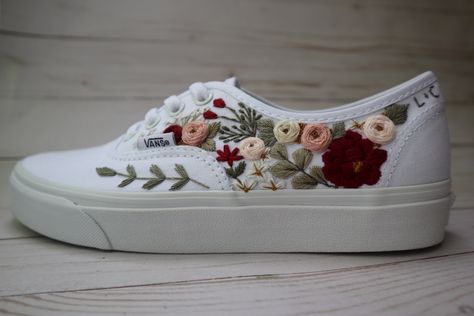 Hand embroidery by After August Co Embroidered Vans, Wedding Vans, Shoes Embroidery, Vans Authentic Shoes, Custom Vans Shoes, Bridal Sneakers, Embroidered Converse, Embroidery Shoes, Embroidered Shoes