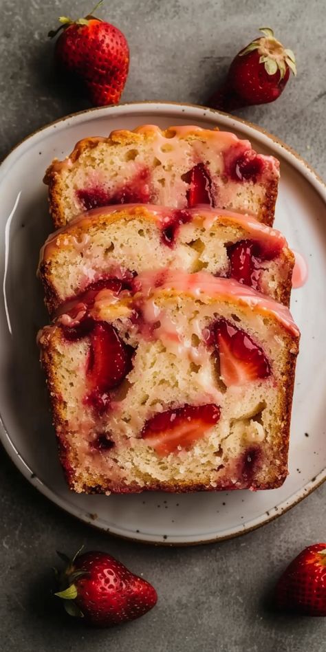 Glazed Strawberry Bread [75 Minutes] - Chasety Strawberry Shortcake Bread, Strawberry Bread Recipe, Pan Desserts, Strawberry Bread Recipes, Vegan Loaf, Loaf Breads, Bread Photography, Mini Loaves, Strawberry Bread