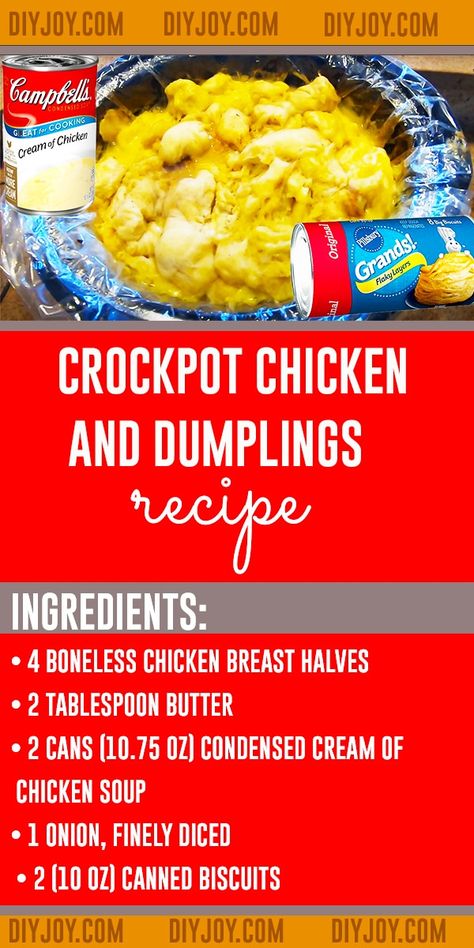 Crockpot Chicken and Dumplings Recipe - Easy Crockpot Recipes for Dinner - Simple Chicken Dish for Slow Cooker via @diyjoycrafts Crockpot Recipes For Dinner, Easy Dumplings Recipe, Chicken And Dumplings Recipe, Crockpot Chicken And Dumplings, Chicken Dishes Easy, Easy Crockpot Chicken, Dumplings Recipe, Simple Chicken, Chicken Dish