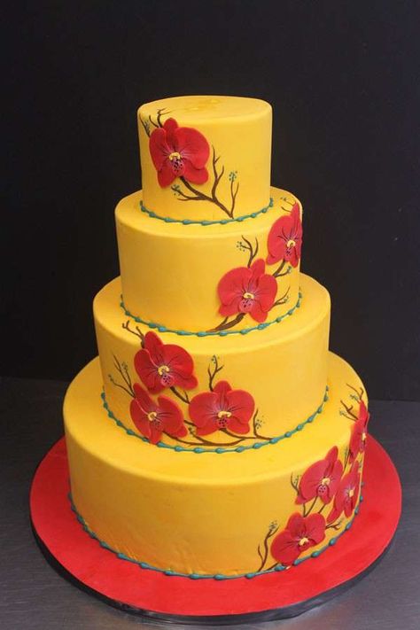 Red And Yellow Cake, Wedding Cake With Red Flowers, Yellow Cake Design, Cake With Red Flowers, Lemon Wedding Cakes, Cake For Wedding, Cakes Flavors, Yellow Wedding Cake, Hand Painted Cake