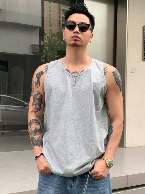 Grey Casual Collar Sleeveless Knitted Fabric Plain  Embellished Slight Stretch  Men Clothing Gray Tank Outfit, Mens Tank Top Outfits, Minimalist Outfit Men, Minimalist Aesthetic Outfit, Aesthetic Outfits Men, Tank Outfit, Men Summer, Gray Tank, Casual Tank Tops