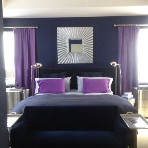 Purple and navy master bedroom Black And Purple Bedroom, Blue And Purple Bedroom, Purple Bedroom Design, Purple Bedroom Decor, Dreamy Space, Navy Blue Bedrooms, Bedroom Purple, Small Bedroom Remodel, Purple Bedrooms